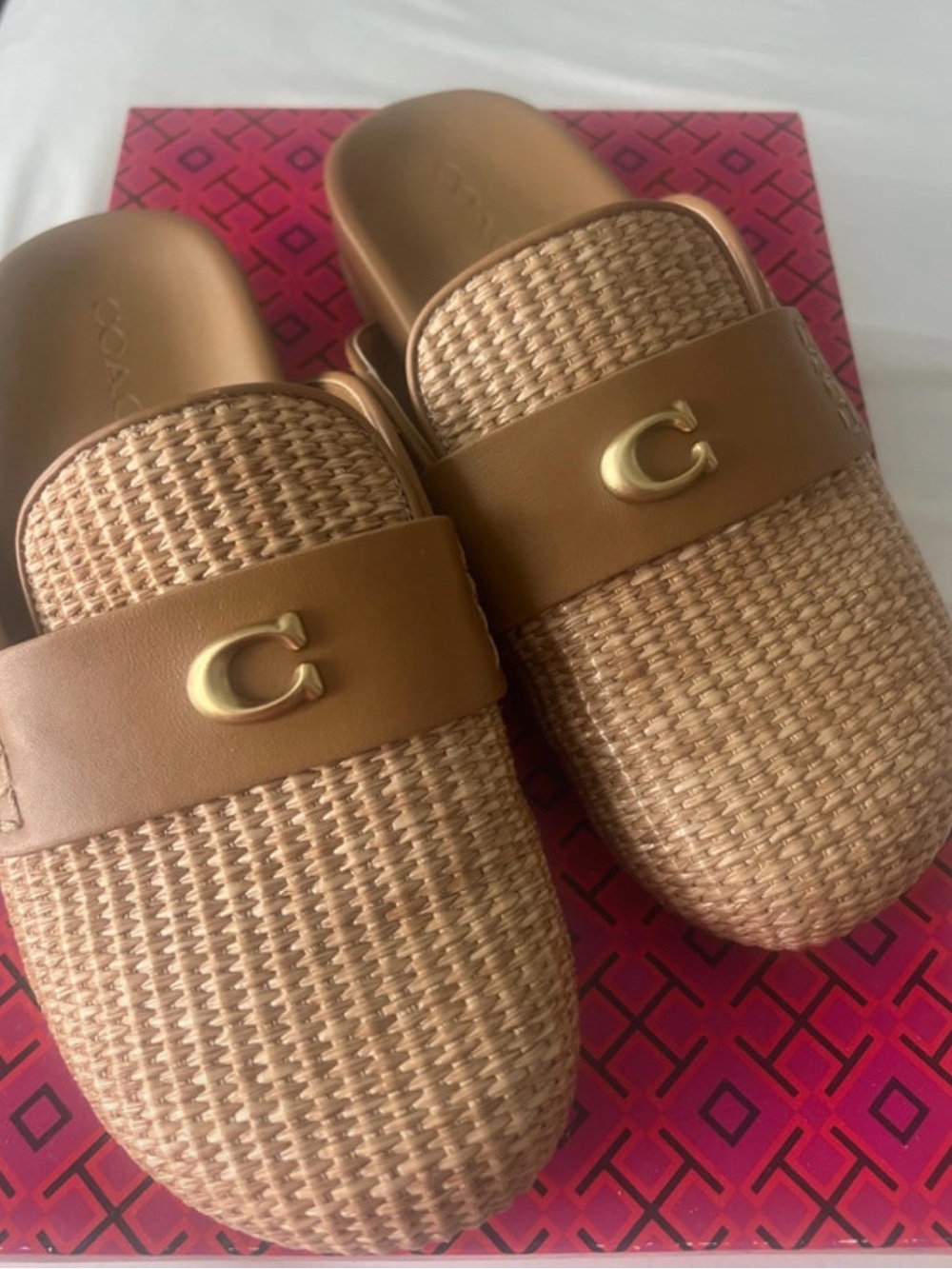 Coach Kids Tan Woven Slide Mules with Gold C Accent